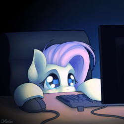 Size: 2000x2000 | Tagged: safe, artist:ohemo, fluttershy, pegasus, pony, atg 2019, chair, computer, computer mouse, cute, dark room, desk, ear fluff, female, keyboard, monitor, newbie artist training grounds, puppy dog eyes, shyabetes, solo