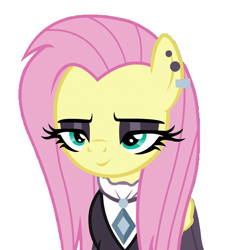 Size: 849x924 | Tagged: safe, edit, edited screencap, screencap, fluttershy, pegasus, pony, fake it 'til you make it, background removed, fluttergoth, inverted mouth, simple background, smiling, smirk, solo, white background