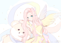 Size: 3508x2480 | Tagged: safe, artist:幽谧blue, fluttershy, human, female, humanized, looking at you, solo, teddy bear, winged humanization, wings