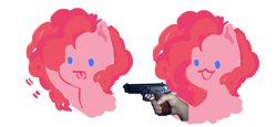 Size: 1280x589 | Tagged: safe, artist:knaiifu, pinkie pie, earth pony, human, pony, blushing, gun, hand, smiling, solo, trust nobody not even yourself, weapon