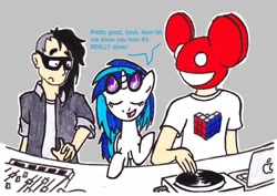 Size: 800x567 | Tagged: safe, artist:staticwave12, dj pon-3, vinyl scratch, human, pony, unicorn, clothes, deadmau5, dialogue, dj booth, eyes closed, female, glasses, gray background, macbook, male, mare, mask, shirt, simple background, skrillex, t-shirt