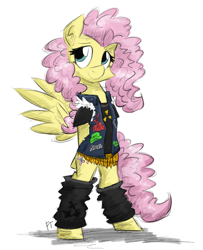 Size: 1652x2030 | Tagged: safe, artist:flutterthrash, fluttershy, pegasus, pony, 80s, alternate hairstyle, anthrax, bipedal, clothes, fashion, kreator, leg warmers, megadeth, metal, metalshy, nuclear assault, overkill (band), slayer, sodom (band), solo