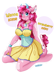 Size: 1700x2236 | Tagged: safe, alternate version, artist:mailner, pinkie pie, anthro, cow, unguligrade anthro, bell, blushing, clothes, collar, corset, cow girl, cowgirl, cowified, cute, ear piercing, frog (hoof), hooves, kneeling, looking at you, piercing, pincow pie, solo, species swap, speech, underhoof