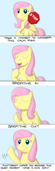 Size: 1080x3360 | Tagged: safe, artist:hoofclid, fluttershy, pegasus, pony, breathing, calm, comic, cute, eyes closed, keep calm, positive ponies, simple background, solo, stop sign, text, wave, waving, wholesome