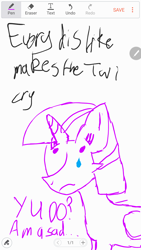 Size: 1080x1920 | Tagged: safe, artist:slayer819, twilight sparkle, twilight sparkle (alicorn), alicorn, crying, drawn on phone, simple background, stylistic suck, white background