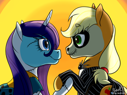 Size: 4800x3600 | Tagged: safe, artist:thebeckmanator, applejack, rarity, earth pony, pony, unicorn, applejack skellington, clothes, crossover, cute, face paint, female, jack skellington, jackabetes, lesbian, looking at each other, makeup, raribetes, rarijack, sally, shipping, the nightmare before christmas, tim burton