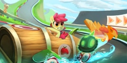 Size: 1828x906 | Tagged: safe, artist:imalou, apple bloom, applejack, earth pony, pony, the cart before the ponies, bow, cowboy hat, derby racers, drifting, driving, female, filly, hair bow, hat, mare, mario kart, race, race track, sisters, solo focus