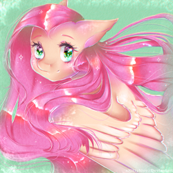 Size: 3000x3000 | Tagged: safe, artist:xkittyblue, fluttershy, pegasus, pony, bust, female, looking at you, mare, portrait, smiling, solo, sparkles, three quarter view, wings