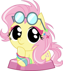 Size: 2729x3098 | Tagged: safe, artist:phucknuckl, fluttershy, pegasus, pony, my little pocket ponies, 80s, alternate hairstyle, bracelet, chibi, cute, eyeshadow, female, glasses, glasses off, hair ornament, hoof on chin, hoofgazer fluttershy, jewelry, looking at you, makeup, mare, neon bracelet, no pupils, pocket ponies, retro, shyabetes, simple background, smiling, solo, three quarter view, transparent background, wristband