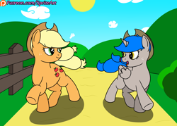 Size: 1400x1000 | Tagged: safe, artist:spritepony, applejack, oc, oc:sprite, alicorn, earth pony, pony, alicorn oc, applejack day, applejack's hat, cowboy hat, freckles, hat, patreon, patreon link, patreon logo, racing, running, sweet apple acres