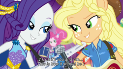 Size: 1920x1080 | Tagged: safe, screencap, applejack, pinkie pie, rarity, better together, equestria girls, rollercoaster of friendship, best friends, female, photo booth (song), ponied up, shipping fuel, singing, subtitles, super ponied up