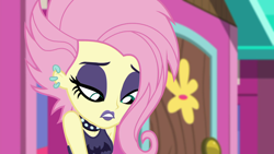 Size: 1920x1080 | Tagged: safe, screencap, fluttershy, better together, choose your own ending, equestria girls, the road less scheduled, the road less scheduled: fluttershy, choker, ear piercing, earring, eyeliner, eyeshadow, flutterpunk, goth, jewelry, lipstick, makeup, piercing, purple lipstick, ripped pants, sleeveless, solo