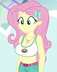 Size: 850x1080 | Tagged: safe, edit, edited screencap, editor:ah96, screencap, fluttershy, better together, equestria girls, rollercoaster of friendship, belly button, big breasts, breast edit, breasts, camp everfree outfits, cleavage, cropped, female, geode of fauna, hootershy, magical geodes, midriff, sexy, solo