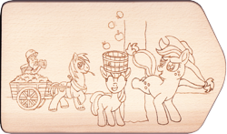 Size: 2849x1672 | Tagged: safe, artist:malte279, apple bloom, applejack, big macintosh, granny smith, earth pony, pony, apple, apple family, applebucking, cart, craft, food, harvest, pyrography, traditional art, wip