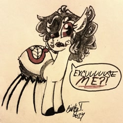 Size: 1744x1743 | Tagged: safe, artist:binkyt11, derpibooru exclusive, oc, oc only, oc:izzy bitsy, monster pony, original species, spiderpony, angry, excuse me, fangs, female, mare, neo noir, partial color, simple background, speech bubble, traditional art, white background