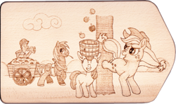 Size: 2841x1679 | Tagged: safe, artist:malte279, apple bloom, applejack, big macintosh, granny smith, earth pony, pony, apple, apple family, applebucking, cart, craft, food, harvest, pyrography, traditional art