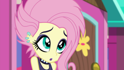 Size: 1920x1080 | Tagged: safe, screencap, fluttershy, better together, choose your own ending, equestria girls, the road less scheduled, the road less scheduled: fluttershy, choker, cute, ear piercing, earring, eyeliner, eyeshadow, female, flutterpunk, goth, jewelry, makeup, metalshy, piercing, shyabetes, sleeveless, solo