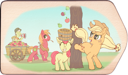 Size: 2849x1672 | Tagged: safe, artist:malte279, apple bloom, applejack, big macintosh, granny smith, earth pony, pony, apple, apple family, applebucking, cart, craft, digitally colored, food, harvest, pyroghraphy