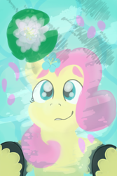 Size: 800x1200 | Tagged: safe, artist:antimationyt, fluttershy, pegasus, pony, bust, eyebrows, female, flower, flower in hair, full face view, hooves, lilypad, looking at something, mare, reflection, smiling, solo, water