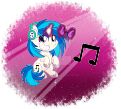 Size: 1600x1432 | Tagged: safe, artist:missmele-madness, dj pon-3, vinyl scratch, pony, unicorn, my little pony: pony life, abstract background, chibi, cute, deviantart watermark, female, magic, mare, obtrusive watermark, sitting, smiling, solo, vinyl's glasses, vinylbetes, watermark