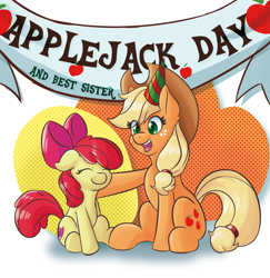 Size: 2699x2774 | Tagged: safe, artist:mandy1412, apple bloom, applejack, earth pony, pony, applejack day, eyes closed, female, filly, hat, mare, party hat, sisters