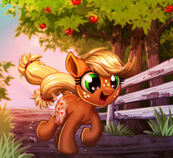 Size: 1200x1094 | Tagged: safe, artist:harwick, applejack, earth pony, pony, the cutie mark chronicles, 2018, applejack day, cute, cutie mark, cutiespark, female, filly, filly applejack, freckles, happy, jackabetes, open mouth, scene interpretation, smiling, solo, tree, trotting, younger