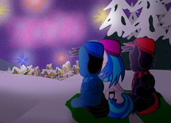 Size: 4595x3300 | Tagged: safe, artist:agkandphotomaker2000, dj pon-3, vinyl scratch, oc, oc:arnold the pony, oc:pony video maker, pegasus, pony, unicorn, 2020, canon x oc, clothes, fireworks, new year, new years eve, ponyville, rear view, scarf, sitting, snow, tree, videoscratch, winter, winter hat