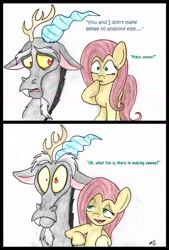 Size: 1306x1931 | Tagged: safe, artist:socksthemutt, discord, fluttershy, draconequus, pegasus, pony, comic, cute, dialogue, discute, duo, duo male and female, female, male, shyabetes, traditional art