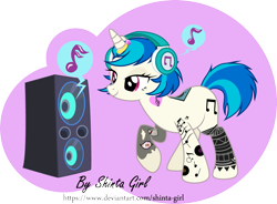 Size: 4833x3558 | Tagged: safe, artist:shinta-girl, dj pon-3, vinyl scratch, pony, unicorn, alternate hairstyle, commission, female, headphones, horn, horn ring, icey-verse, implied lesbian, implied octavia, implied scratchtavia, implied shipping, mare, music notes, raised hoof, ring, short hair, simple background, solo, subwoofer, tattoo, transparent background, vector, wedding ring