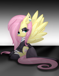 Size: 1500x1900 | Tagged: safe, artist:geraritydevillefort, fluttershy, pegasus, pony, fake it 'til you make it, black sclera, clothes, ear piercing, female, fluttergoth, goth, mare, piercing, sitting, solo