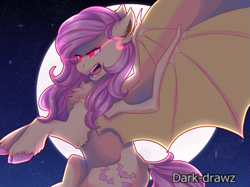 Size: 861x644 | Tagged: safe, artist:dreamcatcher-doodles, fluttershy, bat pony, pony, bat ponified, cloven hooves, female, flutterbat, full moon, mare, moon, race swap, rearing, solo, sombra eyes, stars, unshorn fetlocks