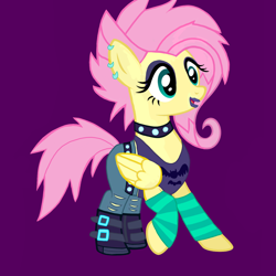 Size: 1500x1500 | Tagged: safe, artist:katya, artist:rustle-rose, fluttershy, pony, better together, choose your own ending, equestria girls, the road less scheduled, the road less scheduled: fluttershy, alternate hairstyle, choker, clothes, equestria girls outfit, eyeshadow, flutterpunk, lipstick, makeup, ponified, purple background, simple background, solo, spiked choker, tanktop, vector