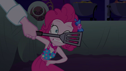 Size: 1920x1080 | Tagged: safe, screencap, pinkie pie, better together, equestria girls, spring breakdown, chef, dark, geode of sugar bombs, imminent spanking, magical geodes, scared, spatula, table