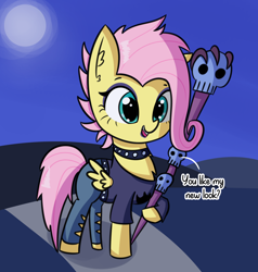 Size: 2446x2569 | Tagged: safe, artist:artiks, fluttershy, pegasus, pony, better together, choose your own ending, equestria girls, the road less scheduled, the road less scheduled: fluttershy, choker, dialogue, equestria girls outfit, female, flutterpunk, mare, metalshy, moon, purple lipstick, solo