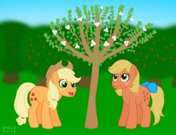 Size: 1500x1151 | Tagged: safe, artist:phallen1, derpibooru exclusive, applejack, applejack (g1), blossom, earth pony, pony, 35th anniversary, apple tree, bow, duo, duo female, female, freckles, generational ponidox, orchard, tail bow, tree