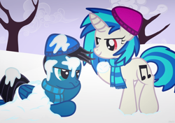 Size: 4682x3300 | Tagged: safe, artist:agkandphotomaker2000, dj pon-3, vinyl scratch, oc, oc:pony video maker, pegasus, pony, unicorn, canon x oc, clothes, covered in snow, rekt, scarf, snow, snowball, snowball fight, videoscratch, winter hat