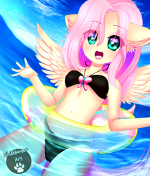 Size: 1889x2222 | Tagged: safe, artist:whitebarque, fluttershy, anthro, adorasexy, beach, belly button, bikini, black swimsuit, breasts, clothes, cute, female, hot, looking at you, pool toy, sexy, shyabetes, solo, swimsuit, water