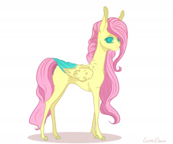 Size: 2117x1756 | Tagged: safe, artist:luna dave, fluttershy, pegasus, pony, colored wings, colored wingtips, foal, long mane, no pupils, realistic anatomy, realistic horse legs, solo, wing fluff, young