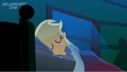 Size: 3999x2256 | Tagged: safe, artist:metalhead97, applejack, comic:applejack gets anal probed, equestria girls, clothes, eyes closed, footed sleeper, night, pajamas, shadow, show accurate, sleeping