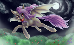 Size: 2930x1805 | Tagged: safe, artist:cuervo-of-cristal, fluttershy, bat pony, apple, bat ponified, chest fluff, cloud, flutterbat, flying, food, full moon, leg fluff, moon, night, race swap, sky, solo, spread wings, tree, wings