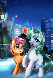 Size: 2382x3509 | Tagged: safe, artist:pridark, scootaloo, oc, oc:morning mint, pony, unicorn, blank flank, city, skyscraper