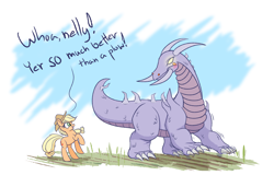 Size: 2000x1280 | Tagged: safe, artist:heir-of-rick, applejack, applejack (g1), dragon, pony, rescue at midnight castle, 35th anniversary, blushing, dialogue, dragonified, duo, female, field, mare, raised hoof, species swap