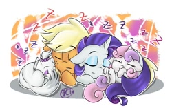 Size: 715x450 | Tagged: safe, artist:flashlighttwi, applejack, opalescence, rarity, sweetie belle, cat, earth pony, pony, unicorn, cuddling, cute, diasweetes, female, filly, jackabetes, lesbian, mare, opalbetes, raribetes, rarijack, shipping, sleeping, underhoof, z, zzz