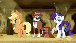 Size: 1280x720 | Tagged: safe, artist:marcuvan0, screencap, applejack, rarity, earth pony, pony, unicorn, cookie (pound puppies), hub logo, pound puppies, strudel