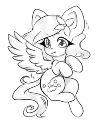 Size: 340x428 | Tagged: safe, artist:lnspira, oc, oc only, oc:flo, pegasus, pony, female, flower, flower in hair, flying, grayscale, large ears, mare, monochrome, simple background, smiling, solo, spread wings, white background, wings