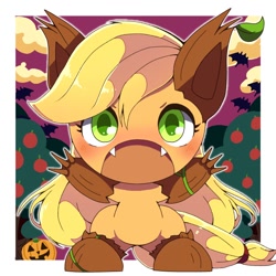 Size: 768x768 | Tagged: safe, artist:erufi, applejack, earth pony, pony, timber pony, timber wolf, chibi, clothes, costume, cute, cute little fangs, fangs, female, halloween, holiday, jack-o-lantern, jackabetes, mare, no nose, pumpkin, solo, timber wolfified, timberjack