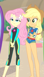 Size: 379x659 | Tagged: safe, screencap, applejack, fluttershy, better together, blue crushed, equestria girls, applejack's hat, belly button, clothes, cowboy hat, cropped, fluttershy is not amused, geode of fauna, geode of super strength, hat, legs, magical geodes, swimsuit, unamused