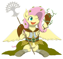 Size: 3000x2825 | Tagged: safe, artist:janji009, part of a series, part of a set, fluttershy, pegasus, pony, armor, belt, crossover, female, hooves, leaves, magic, magic the gathering, mare, one eye closed, open mouth, ravnica, selesnya, simple background, solo, staff, transparent background, wings