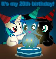 Size: 3589x3737 | Tagged: safe, artist:agkandphotomaker2000, dj pon-3, vinyl scratch, oc, oc:arnold the pony, oc:pony video maker, pegasus, pony, unicorn, birthday, birthday cake, birthday hats, cake, candle, canon x oc, food, videoscratch