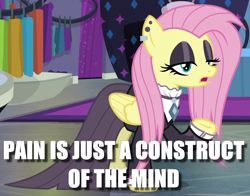 Size: 780x610 | Tagged: safe, edit, edited screencap, screencap, fluttershy, pegasus, pony, fake it 'til you make it, caption, clothes, dress, fluttergoth, goth, image macro, text